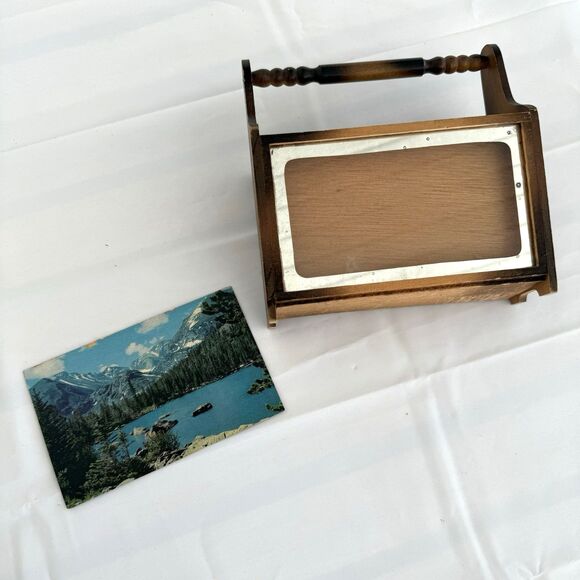 Vtg Wood Mini Magazine Rack Desktop Letter Holder Postcard Rocky Mountain Scene - Picture 6 of 10